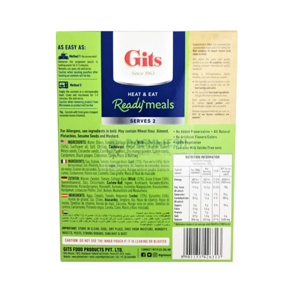 Gits Matar Paneer Ready To Eat 285g - Image 2