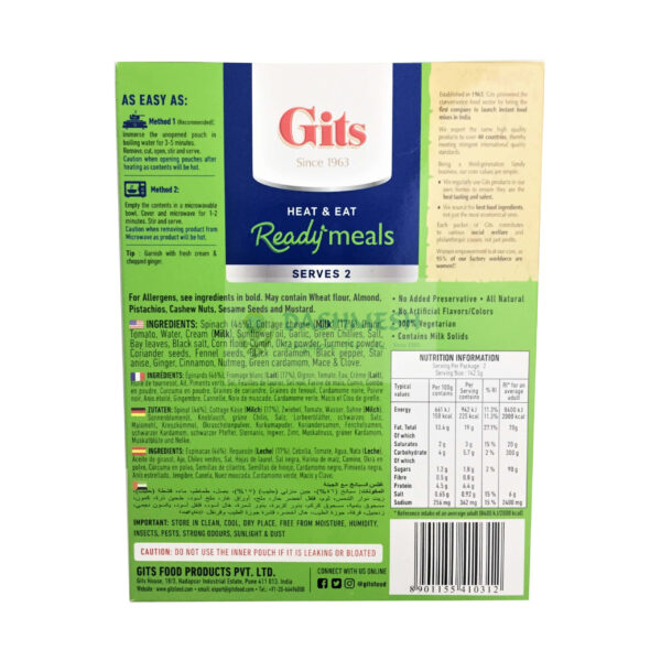 Gits Palak Paneer Ready to Eat 285g - Image 2